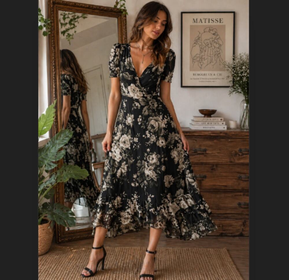 Rare Denim & Supply Ralph Lauren Sz Small Dark Floral Puff Sleeve Wrap Dress